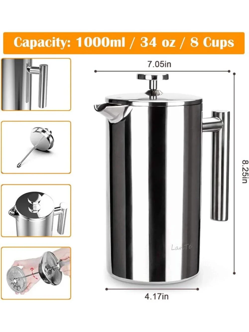 Double Insulated French Press Coffee Maker - 1000ml, Rust-Free, Dishwasher Safe